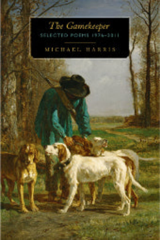 Book cover of 'The Gamekeeper' by Michael Harris featuring a man with a hat and a blue jacket, standing by a tree with sheep in the background.