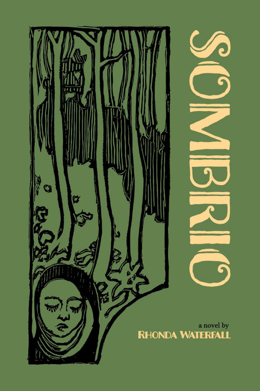 Book cover of 'Sombrio' by Rhonda Waterfall with a green background and black and white illustration.