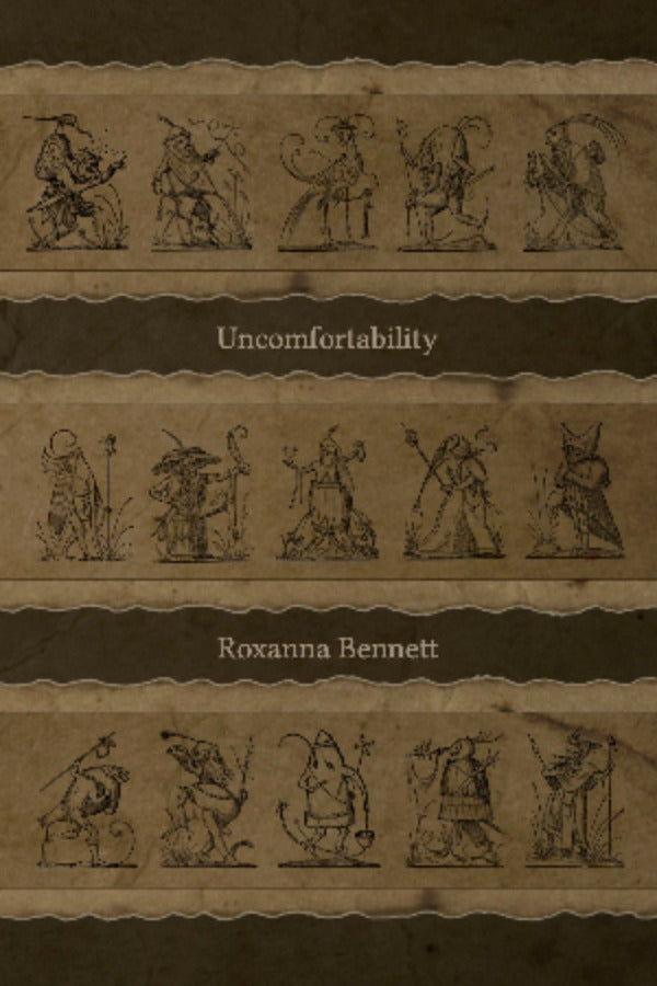 Book cover of 'Uncomfortability' by Roxanna Bennett with illustrations on a brown background